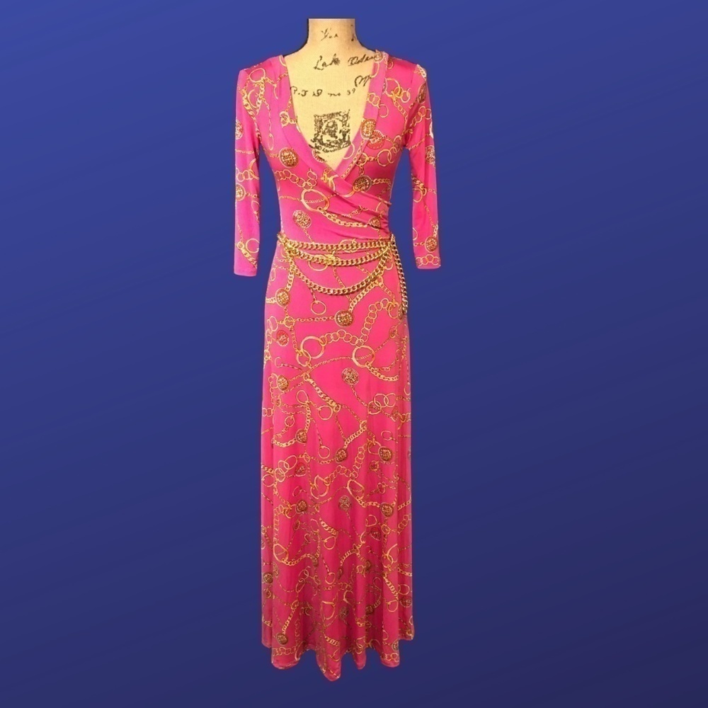 Janette FASHIONS Surplice Wrap MAXI Dress, PINK/GOLD CHAIN Print, Size S, EUC